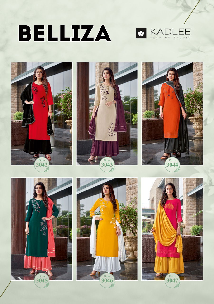 Kadlee Belliza Fancy Festive Wear Rayon Kurti With Sharara And Dupatta Collection